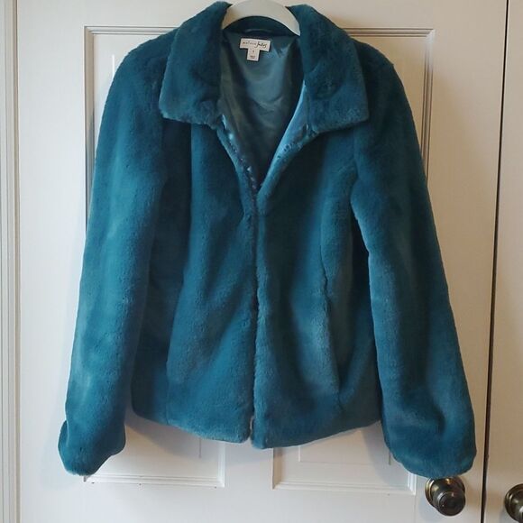 MAISON JULES FAUX FUR JACKET SIZE SMALL REVERSIBLE BLUE GREEN - Picture 1 of 12